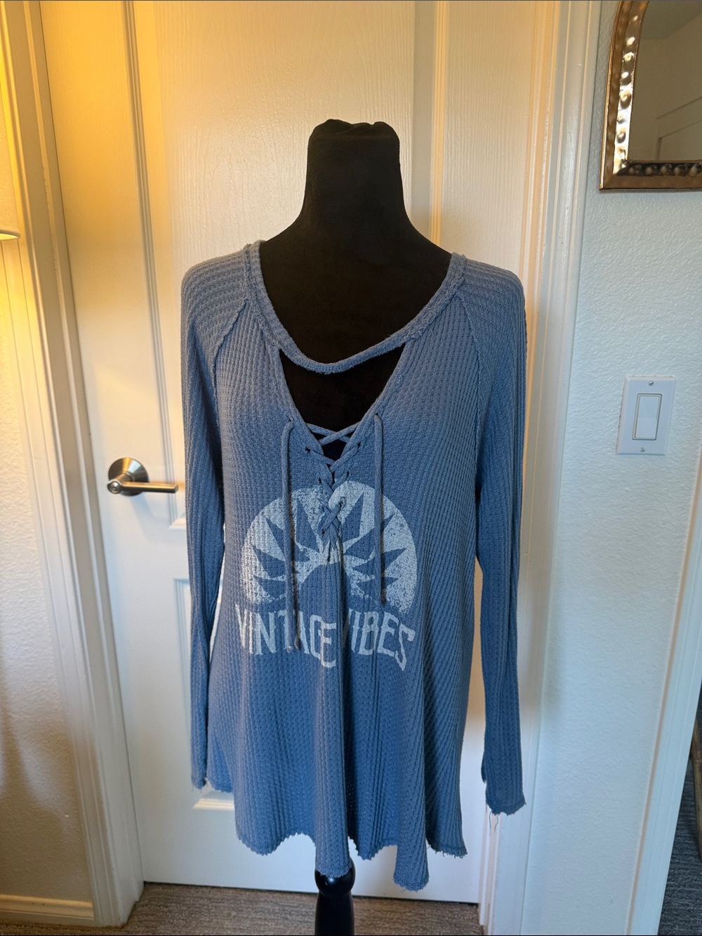 Blue Lace-Up Vintage Vibes Waffle Knit Tunic